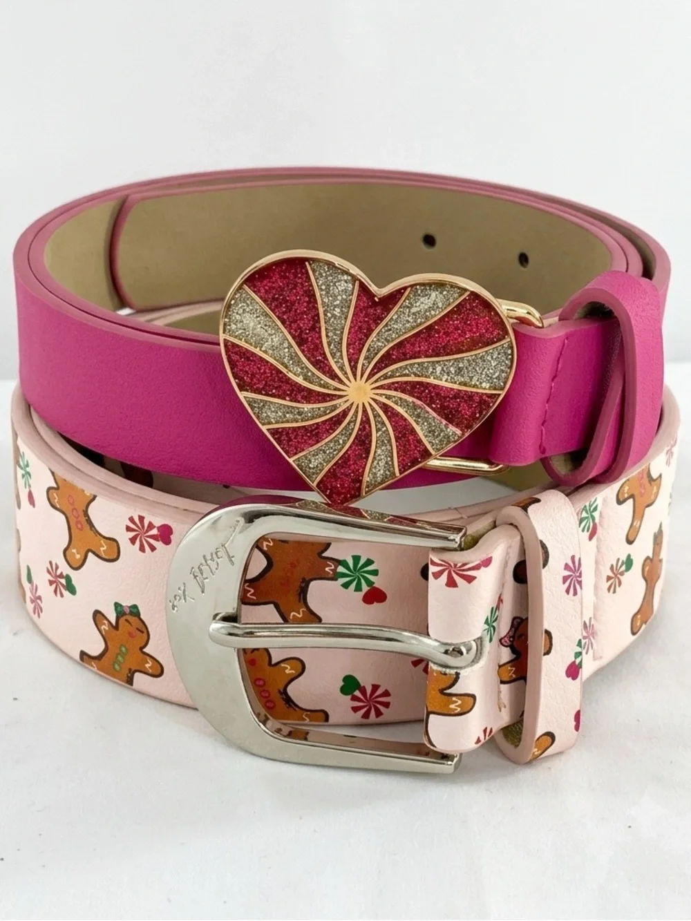 Betsey Johnson Christmas Holiday Belt Set of 2 Pink Heart Gingerbread Large NWT